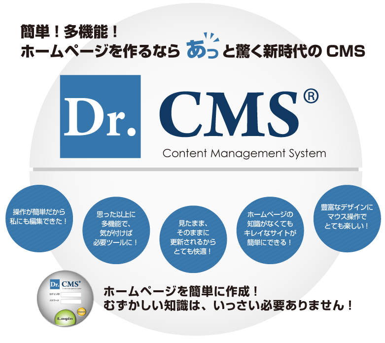 簡単！多機能！ホームページを作るならあっと驚く新時代のCMS。Dr.CMS（Content Management System）！ホームページを簡単に作成！むずかしい知識は、いっさい必要ありません！